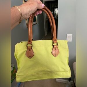 J. Crew vintage lime grn canvas purse/leather handles. 10” x 13” W.